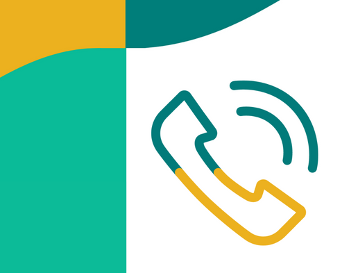 Icon representing a ringing telephone. On the left and upper side of the photo, there is a color block and two waves, belonging to Vale