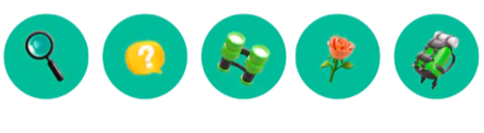 Five circular icons on a teal background, each representing a different object: a magnifying glass, a yellow speech bubble with a question mark, a pair of green binoculars, an orange flower, and a green backpack. The icons suggest themes such as exploration, inquiry, observation, nature, and travel.