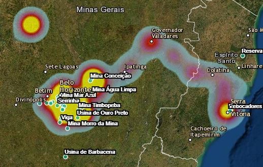 Image of a heat map with several cities in Minas Gerais and Espírito Santo punctuated.