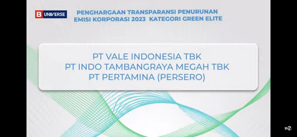 PT Vale Indonesia Tbk meraih dua penghargaan di ajang Penganugerahan Transparansi Emisi Korporasi 2023 yang diadakan oleh B Universe dan Bumi Global Karbon Foundation, Selasa, (27/06/2023).