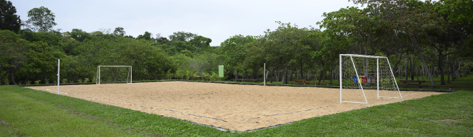 Campo de futebol de areia. Em volta do local há um gramado e, ao fundo, árvores.