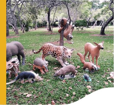 Em um jardim, há diversas esculturas de animais da mata atlântica, como bicho preguiça, onça pintada e tamanduá.