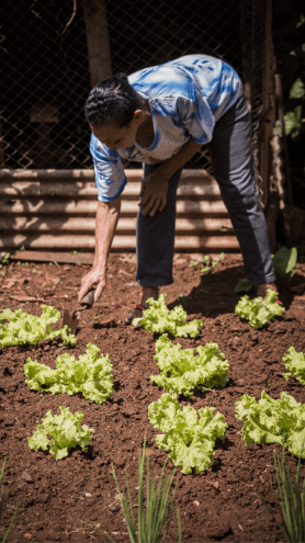 A woman is bent, taking care of a lettuce plantation.