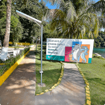 Photo of part of the park with trees, grass and a cement path cutting them. In the background of the image, a big board with a dolphin and a seahorse drawn thereon appears.