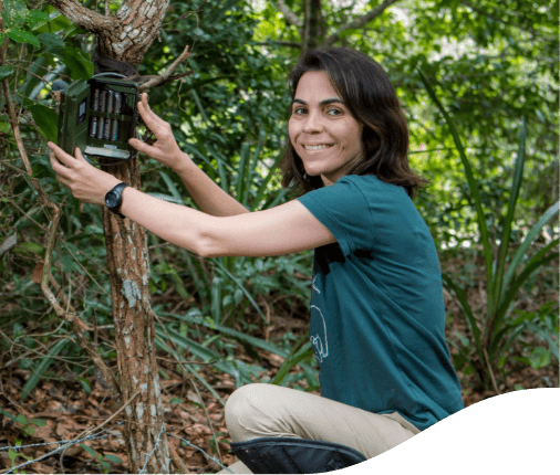 a woman is in a forest environment fiddling with a piece of equipment attached to a tree
