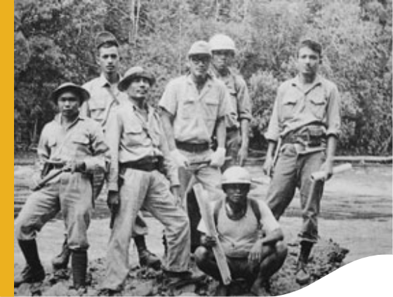 Group of six men form exploration team.