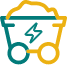 Icon of a cart, with a lightning symbol, carrying metals.