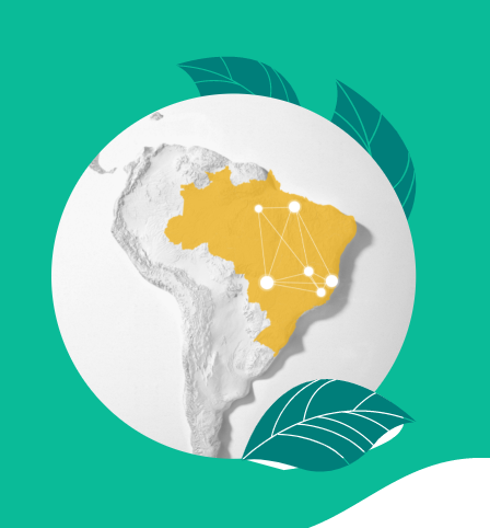 Ilustração do planeta terra com o mapa do Brasil pintado em amarelo com os locais de atuação da Vale ressaltados. Em volto do globo há algumas folhas