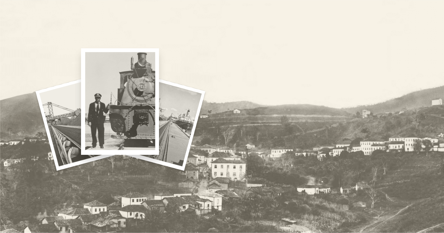 Collage of old photos. In the background, a city, on top, three superimposed photos: one of operations and one of a train with Vale employee besides.